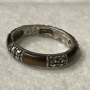 925 Sterling Silver Catseye Brown Stone Marcasite Stacker Band Ring